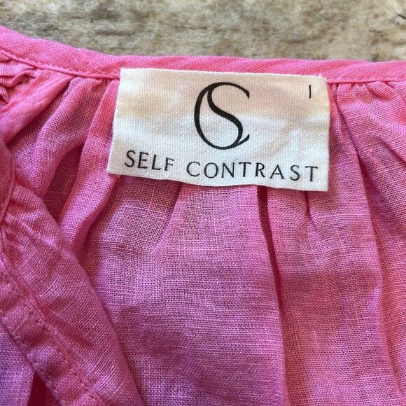 Anthropologie self contrast, pink linen, Pink Smocked Puff Sleeve Top size large - Picture 5 of 7